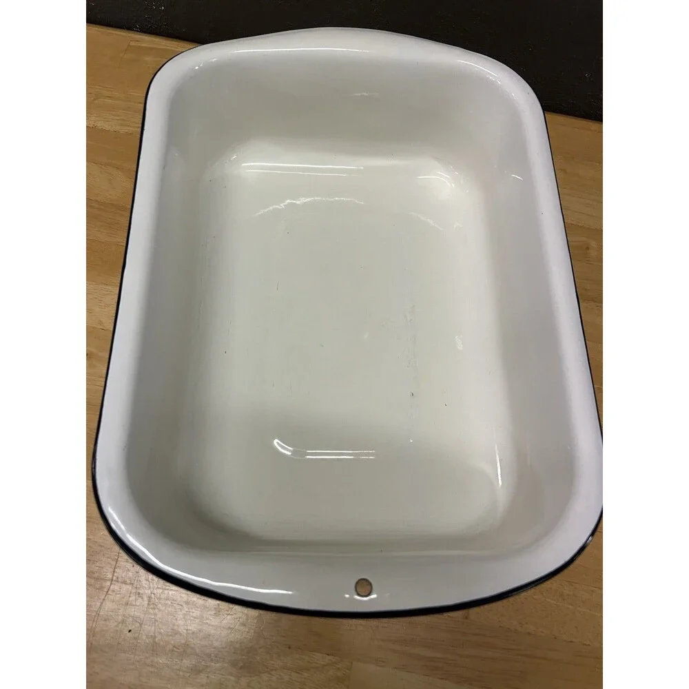 Vintage Enamelware Refrigerator Pan Tub Basin White Black Trim Farmhouse Rustic